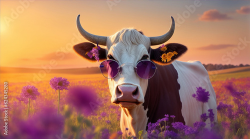cow in the field with sun glass photo