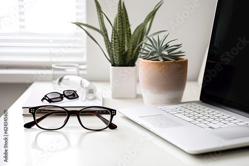 On a white table are a computer with an empty screen, a coffee cup, glasses, and a houseplant. Generative AI