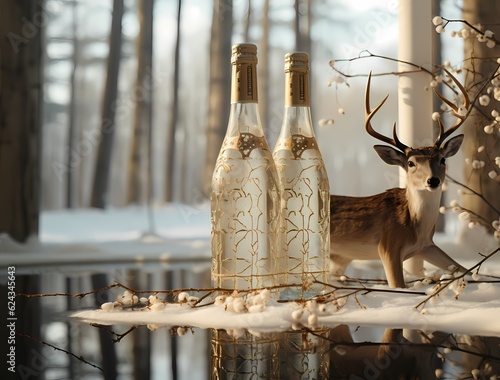 White bottles, bottles and deers with champagne on glass, in the style of minimalist backgrounds, light gold and white, frostpunk, single object photo