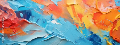Closeup of abstract rough colorful blue orange complementary colors art painting texture background wallpaper, with oil or acrylic brushstroke waves, pallet knife paint on canvas (Generative Ai)