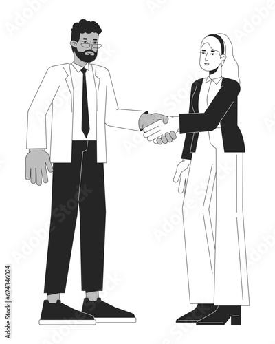 Networking businesspeople bw vector spot illustration. Hands shaking diversity 2D cartoon flat line monochromatic characters for web UI design. Handshake editable isolated outline hero image