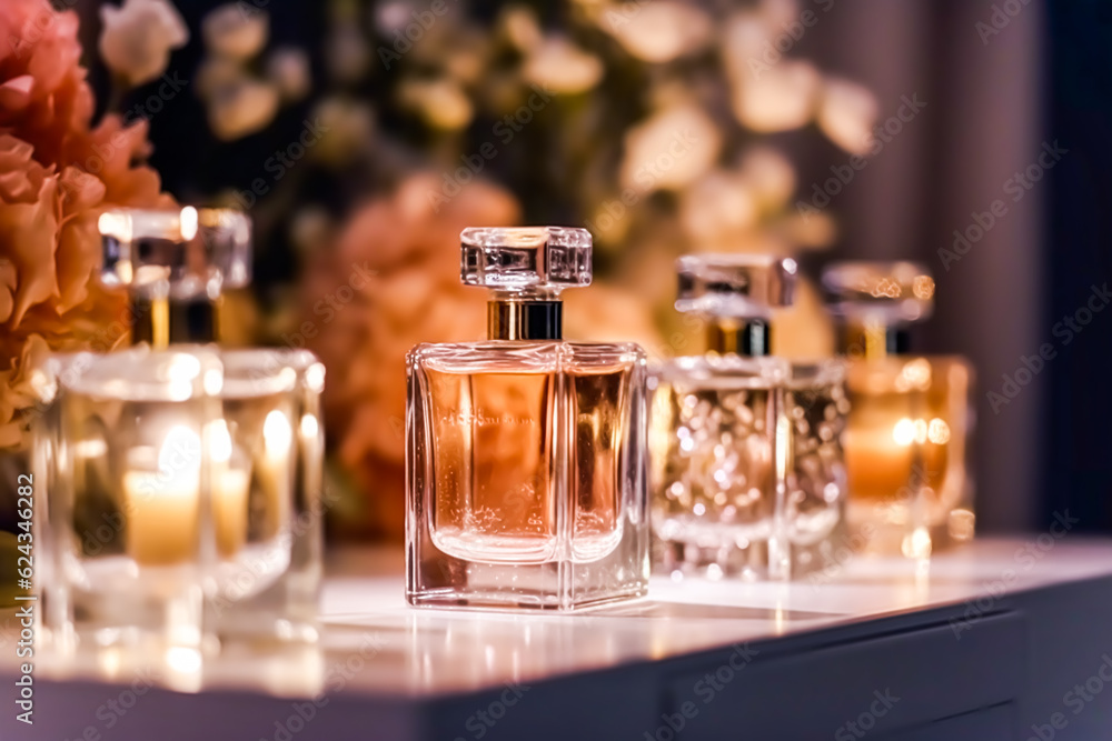 Luxury perfume bottles on display at a presentation, women fragrance scent new exclusive collection, post-processed, generative ai Luxury perfume bottles on display at a presentation, women fragrance scent new exclusive collection, post-processed, generative ai