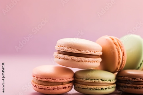 Macaroons on cream pastel background, chic cafe dessert, sweet food and holiday cake macaron for luxury confectionery, generative ai