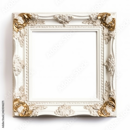 Empty vintage white wood square frame isolated on white background for wall art mockup, generative ai