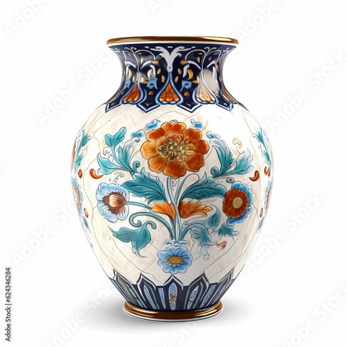 Antique vintage ceramic vase with floral print isolated on white background, country style home decor and interior design, generative ai