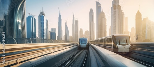 Twin metro trains pass in a bustling city with towering skyscrapers