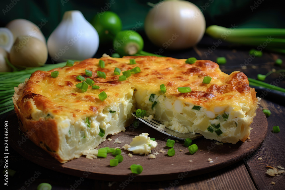 Country pie with boiled eggs and green onions