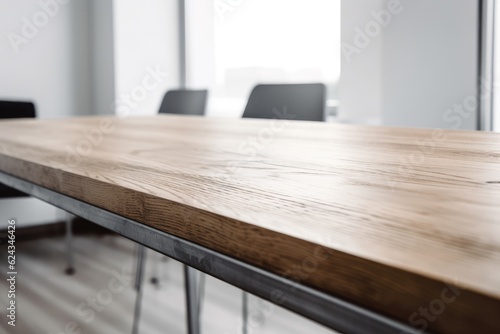 Office desk countertop and steel legs are isolated on a white, hazy background, and the desk top is clipped all the way around. Generative AI