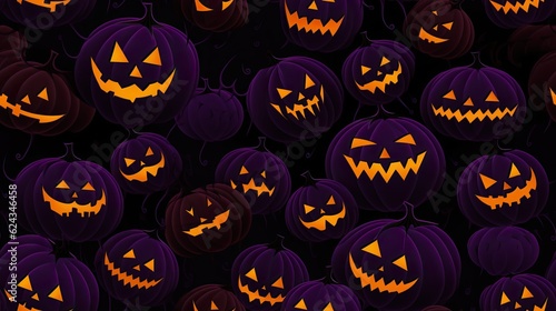 Spooky pumpkin face, festive Halloween celebration, orange and purple jack-o'-lanterns, seamless Halloween pattern © 18042011