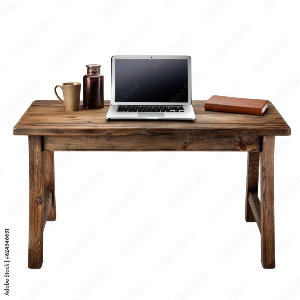 Rustic Wooden Desk isolated on transparent background. Generative AI Rustic Wooden Desk isolated on transparent background. Generative AI
