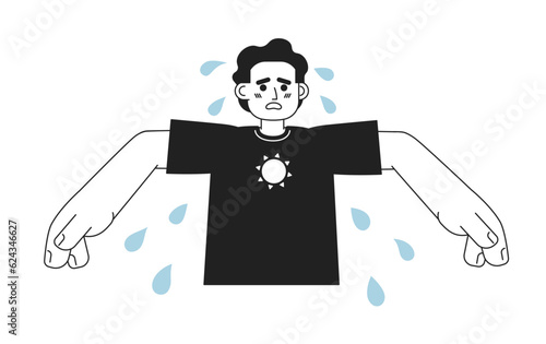 Middle eastern exhausted man excessive sweating monochromatic flat vector character. Hyperhidrosis. Editable thin line half body person on white. Simple bw cartoon spot image for web graphic design