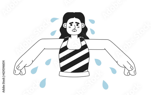 Arabic woman with sweaty armpits monochromatic flat vector character. Sweating girl feels discomfort. Editable thin line half body person on white. Simple bw cartoon spot image for web graphic design