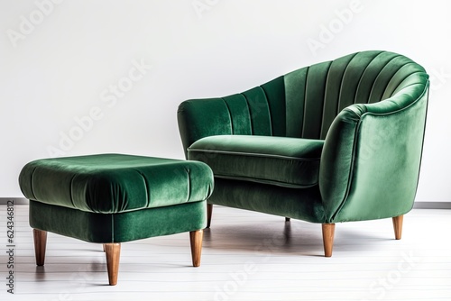 Traditional art deco armchair and sofa in green velvet with wooden legs isolated on white background. many furniture types. Generative AI