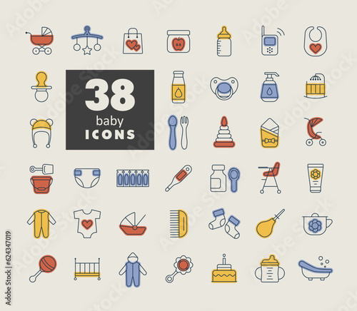 Baby, feeding and care vector isolated icons set
