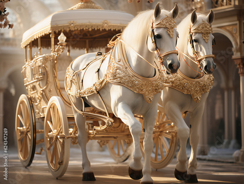 Fototapeta White horse carriage in the street