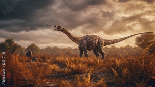 Sauropod dinosaur in 3d render. Generative AI photo