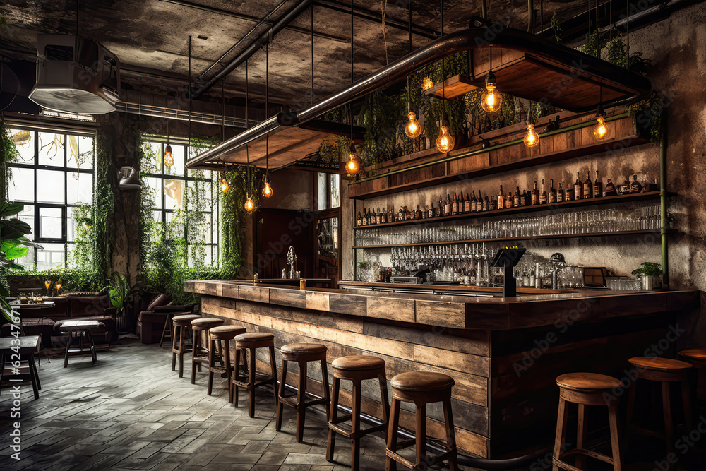 Industrialthemed Bar With Reclaimed Wood And Vintage Decor Industrial Interior Design. Generative AI