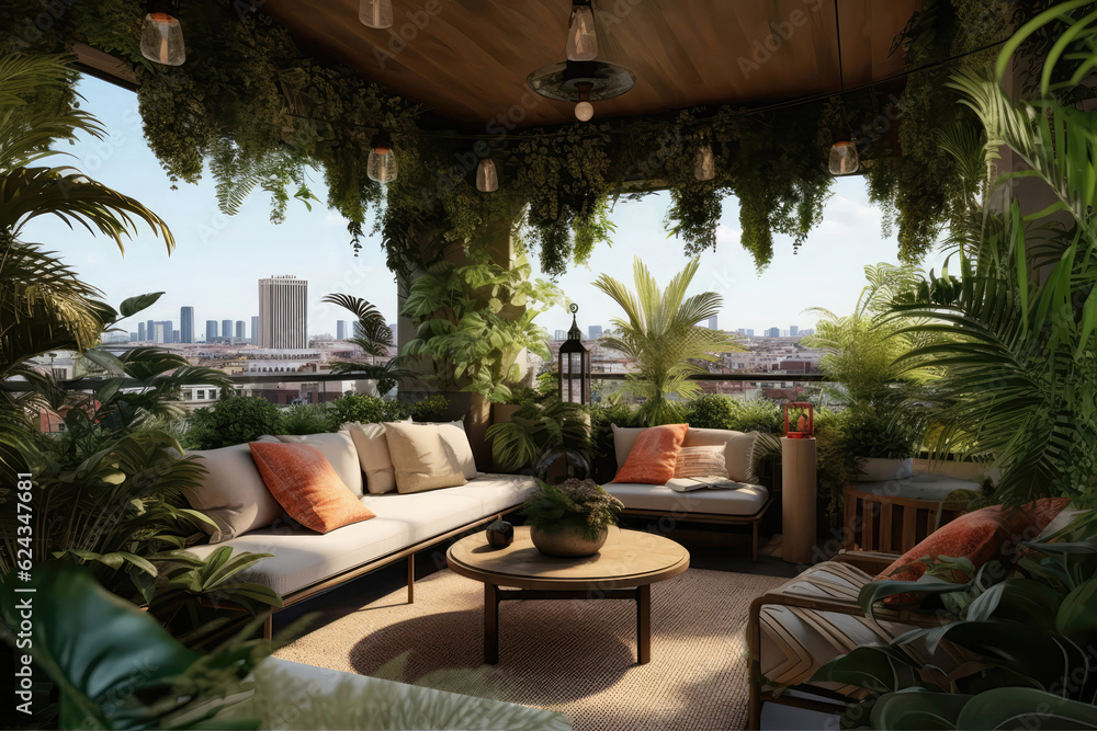 Vibrant Rooftop Terrace With Lush Greenery And Panoramic Views. Generative AI