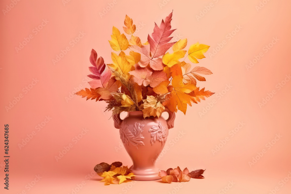 Beautiful Bouquet Of Autumn Leaves In Vase, Empty Space, On Pink Background. Generative AI