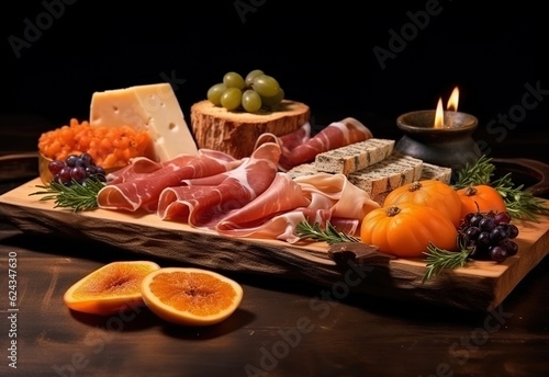 Table of pickled cold cuts and various cheeses. Generative Ai photo