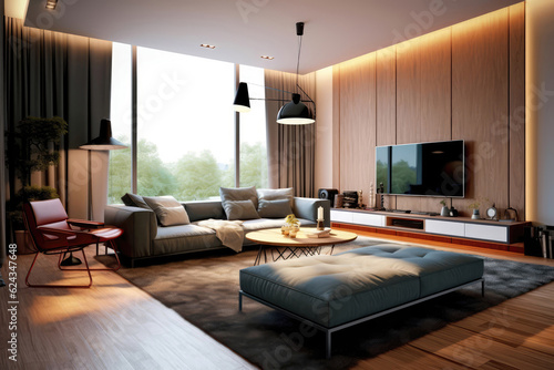 Stylish Midcentury Modern Guest Room With Minimalist Design Aesthetic Midcentury Modern Interior Design. Generative AI