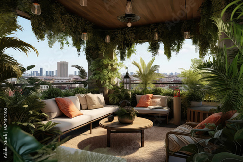 Vibrant Rooftop Terrace With Lush Greenery And Panoramic Views. Generative AI
