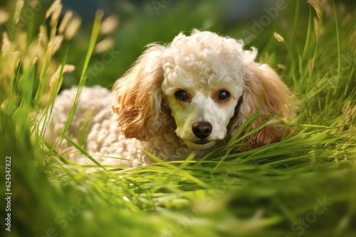 Poodle Dog Lies In The Beautiful Grass. Generative AI © Anastasiia