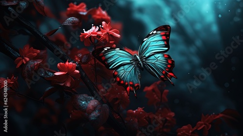 red blue butterfly on red flower branch, Generative Ai photo