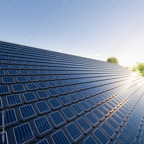 3d rendering of solar or photovoltaic shingles in perspective on roof of home or house building. System technology to generate electrical power or direct current electricity by light or sunlight.