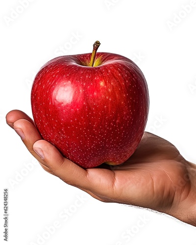 Holding an red apple in the hand from below isolated on white background. generative ai,