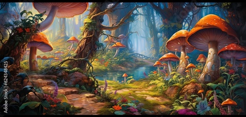 painting style illustration banner wallpaper, Autumn mushroom forest, Generative Ai