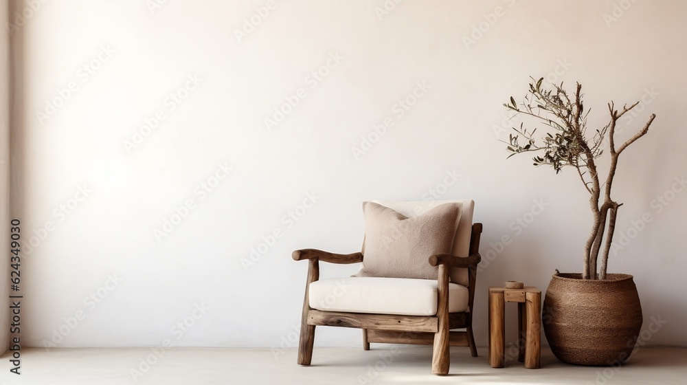 Modern living room with rustic natural wood log armchair and empty wall space generative ai Modern living room with rustic natural wood log armchair and empty wall space generative ai
