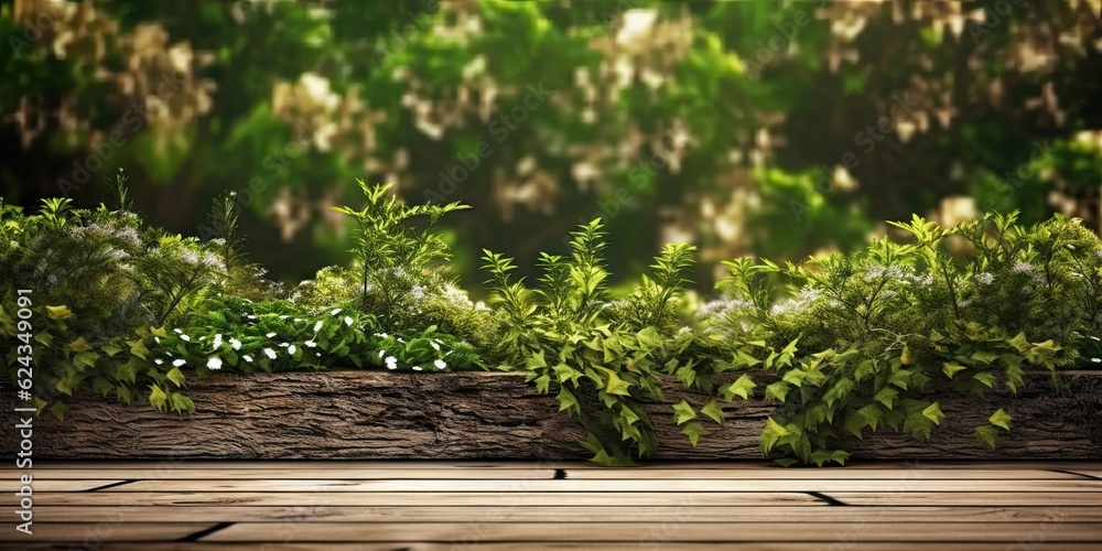 Blank beautifully decorated wooden table on blur forest background. Perfect for product display Blank beautifully decorated wooden table on blur forest background. Perfect for product display