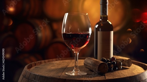 glass of wine on barrel in wine cellar. Generative AI