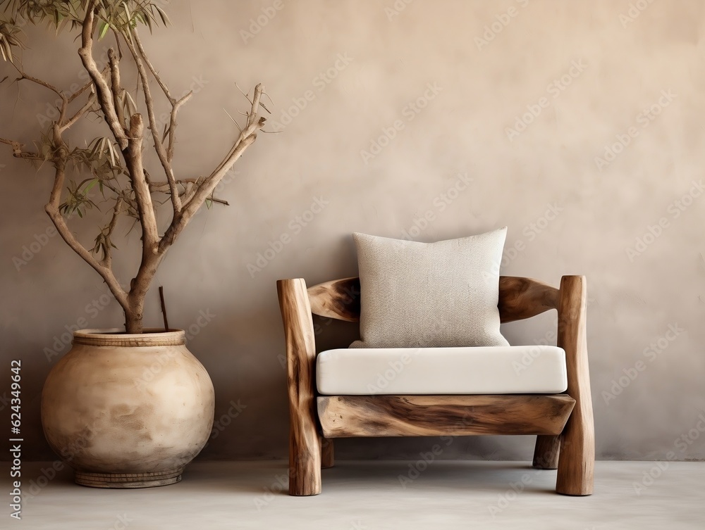 Modern living room with rustic natural wood log armchair and empty wall space generative ai Modern living room with rustic natural wood log armchair and empty wall space generative ai