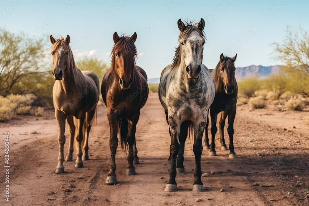 Herd of wild horses on a path. Generative AI