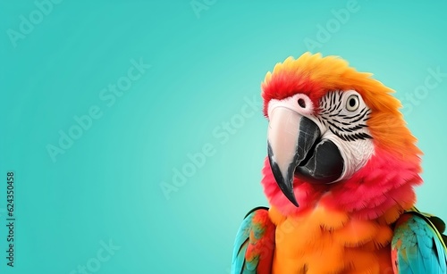 Creative Animal Concept. Colorful macaw peeking over pastel bright background. Generative AI.