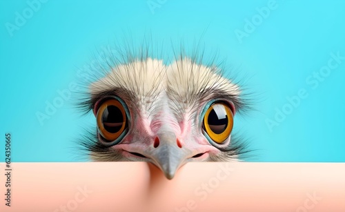 Creative Animal Concept. Ostrich peeking over pastel bright background. Generative AI.