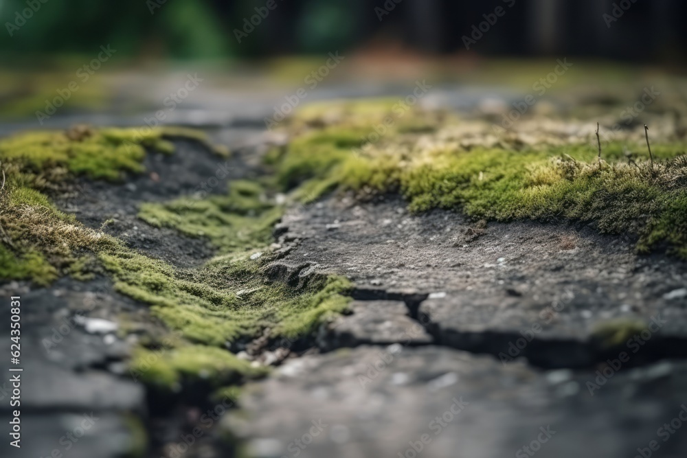 Green moss in cracks on asphalt. Generative AI Green moss in cracks on asphalt. Generative AI