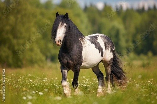 Beautiful tinker horse with long mane walking free in the meadow. Generative AI