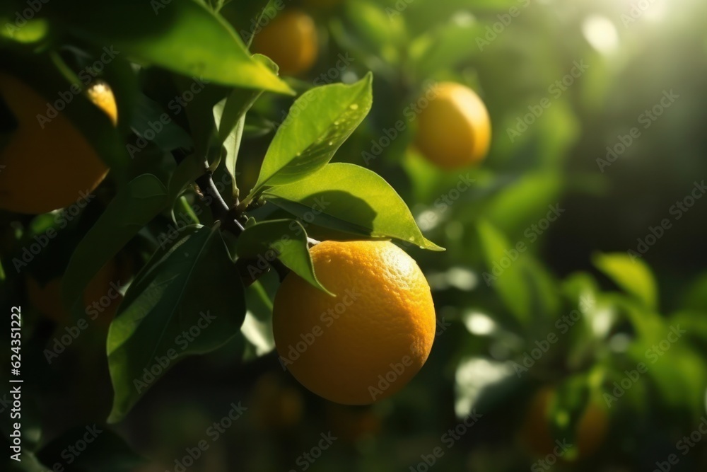 Close up of an orange tree with ripe orange fruit and green leaves.