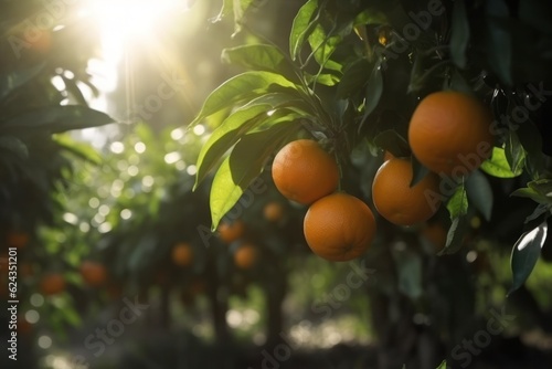 Close up of an orange tree with ripe orange fruit and green leaves.