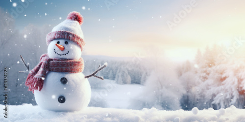 happy snowman with hat and scarf on snowy winter forest landscape. christmas greeting card. banner with copy space. generative AI © ronstik