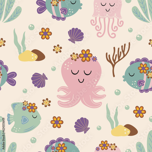 seamless pattern with with octopus, jellyfish, fish