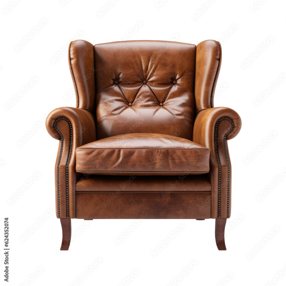 Vintage Leather Armchair isolated on transparent background. Generative AI
