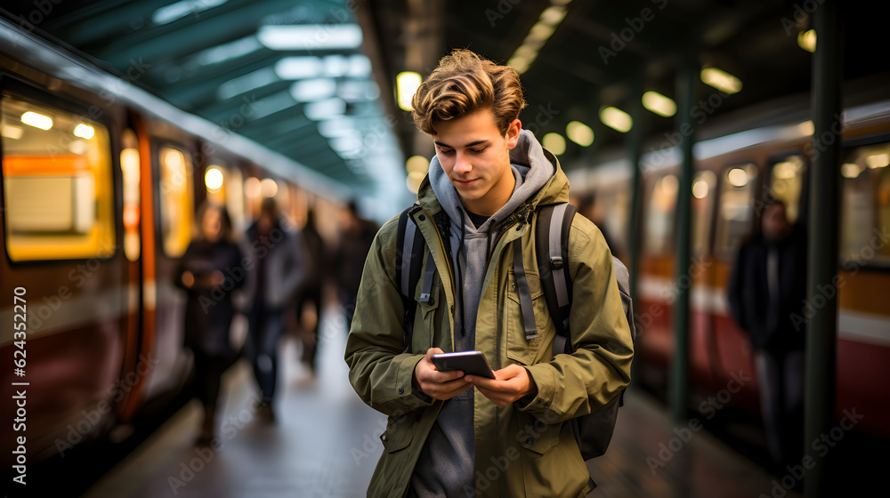 man using smart phone while waiting at railroad station Generative AI