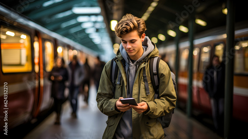 man using smart phone while waiting at railroad station Generative AI