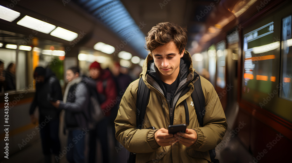 man using smart phone while waiting at railroad station Generative AI man using smart phone while waiting at railroad station Generative AI