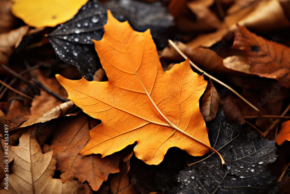 Golden autumn leaves on the ground in the forest. Generative AI.