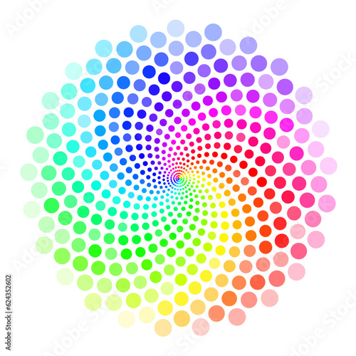 Rainbow dots color wheel. Radial pattern of colorful circles with spiral twirl effect.